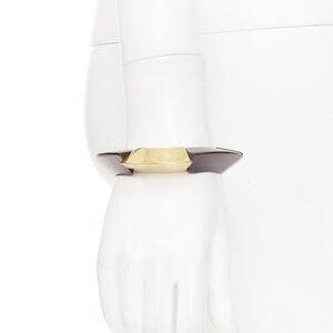 Saint Laurent gold tone brass wood elastic bracelet cuff